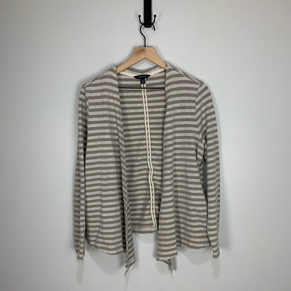 Lands End White and Tan Open Cotton Blend Cardigan
